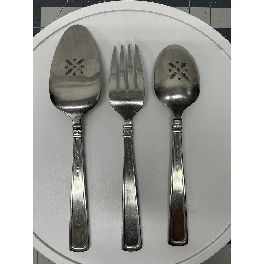 Longaberger Woven Traditions Serving Set 3pc Stainless Fork Slotted Spoon Pie